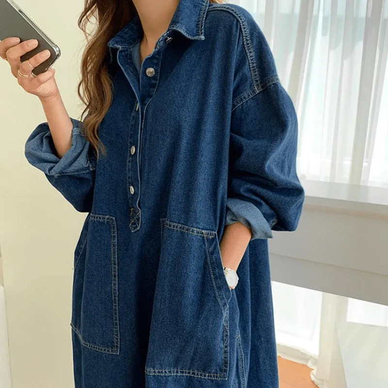 Wjczt Women&#39;s Spring Autumn Casual Denim Shirt Dress Lady Long Sleeve Midi Jeans Vestidos Female Fashion Loose Outerwear Clothings