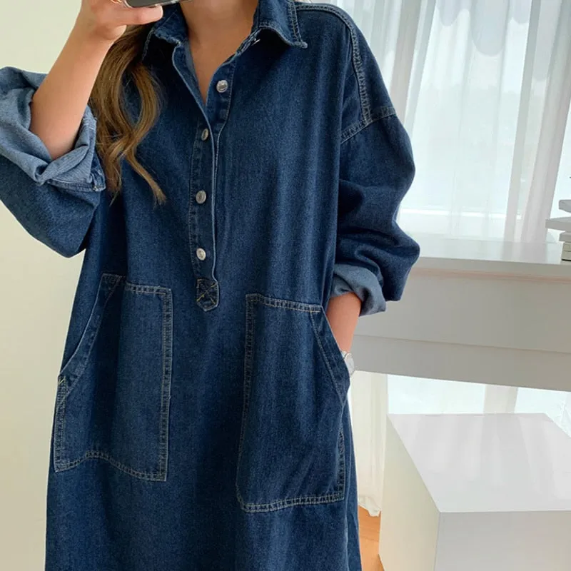 Wjczt Women&#39;s Spring Autumn Casual Denim Shirt Dress Lady Long Sleeve Midi Jeans Vestidos Female Fashion Loose Outerwear Clothings