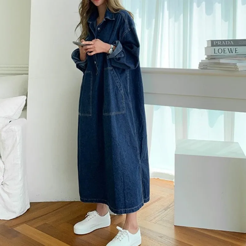 Wjczt Women&#39;s Spring Autumn Casual Denim Shirt Dress Lady Long Sleeve Midi Jeans Vestidos Female Fashion Loose Outerwear Clothings