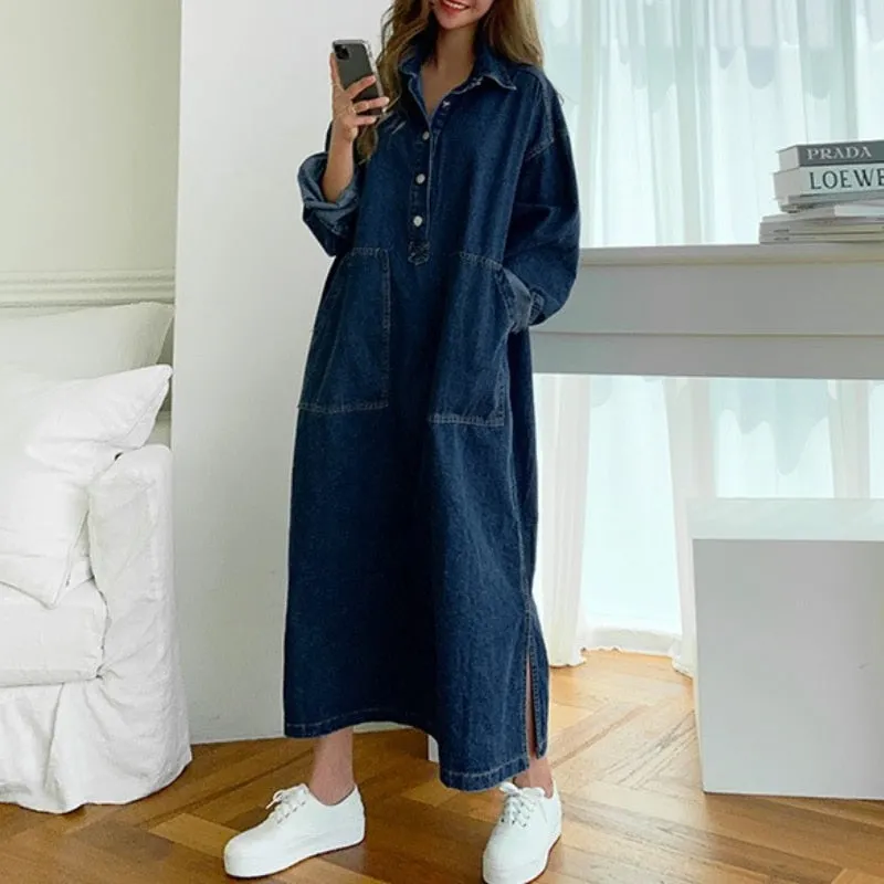 Wjczt Women&#39;s Spring Autumn Casual Denim Shirt Dress Lady Long Sleeve Midi Jeans Vestidos Female Fashion Loose Outerwear Clothings