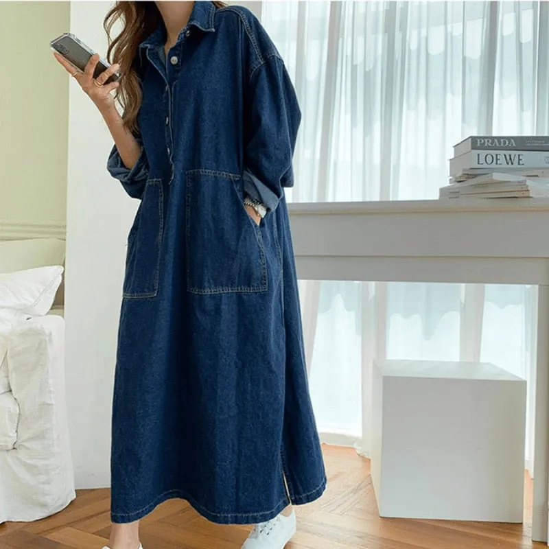 Wjczt Women&#39;s Spring Autumn Casual Denim Shirt Dress Lady Long Sleeve Midi Jeans Vestidos Female Fashion Loose Outerwear Clothings