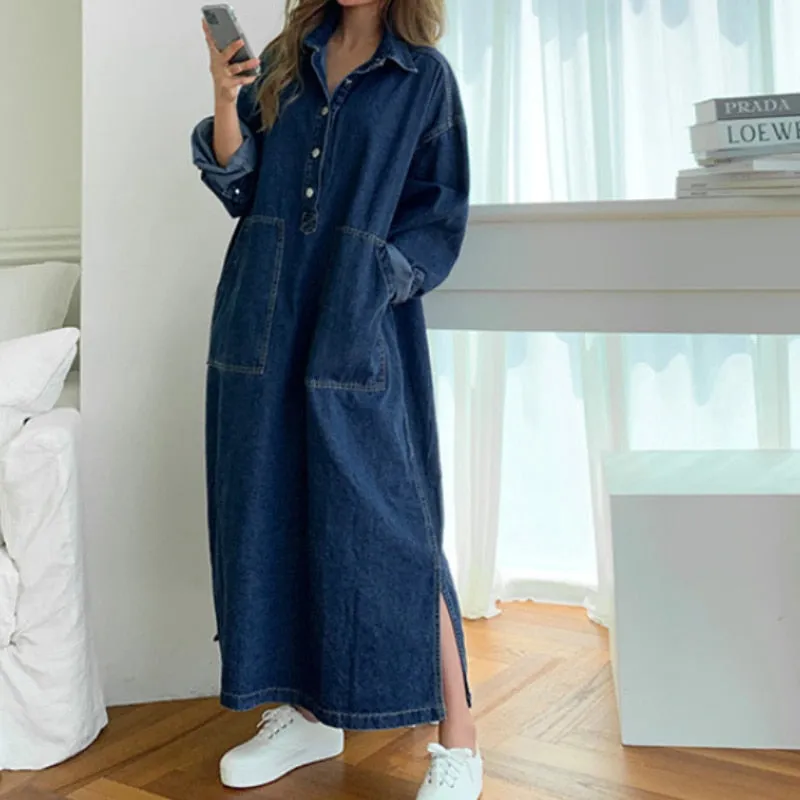 Wjczt Women&#39;s Spring Autumn Casual Denim Shirt Dress Lady Long Sleeve Midi Jeans Vestidos Female Fashion Loose Outerwear Clothings