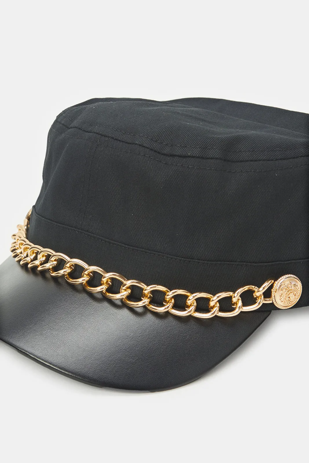 Women Black Metal Chain Embellished Cap