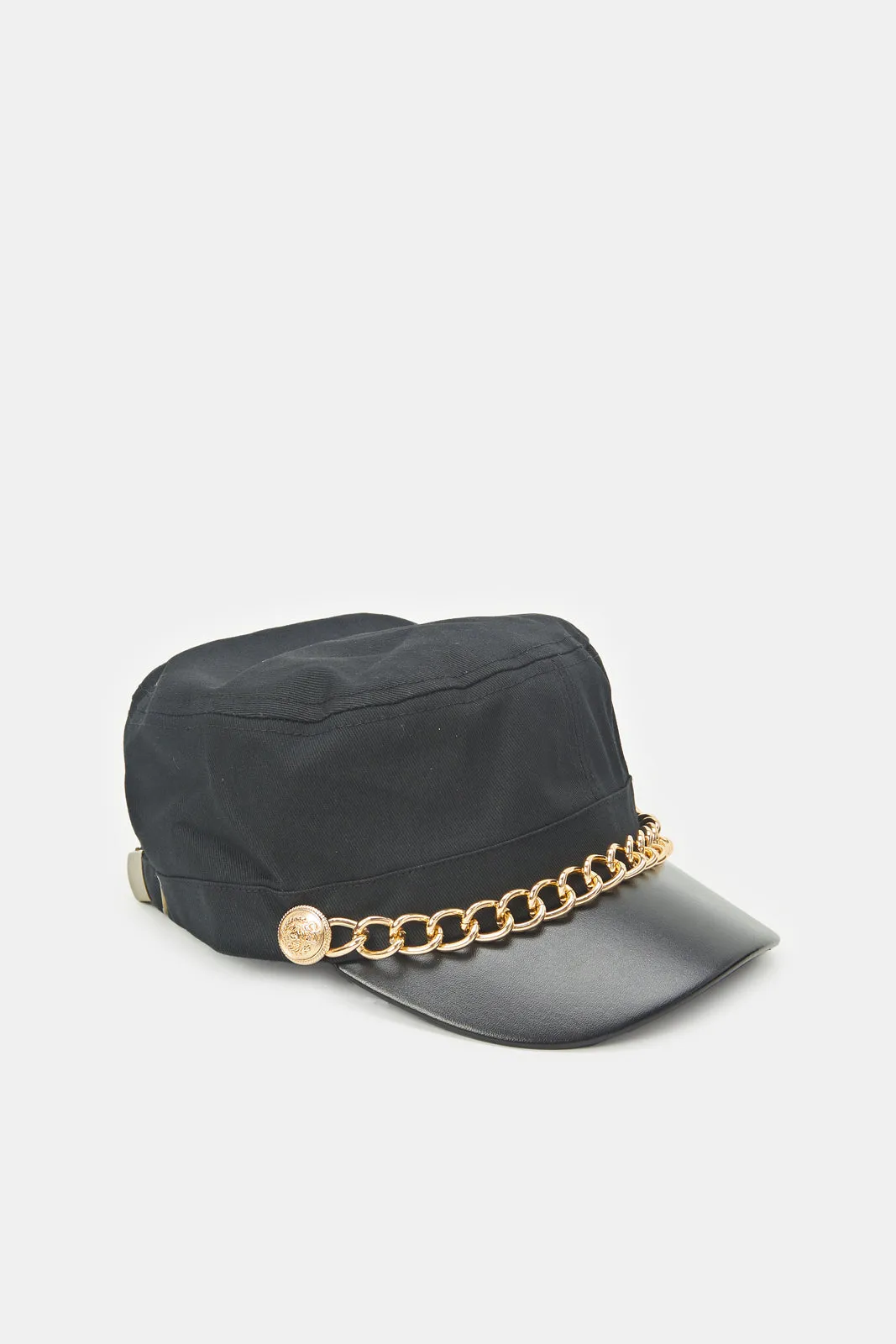 Women Black Metal Chain Embellished Cap