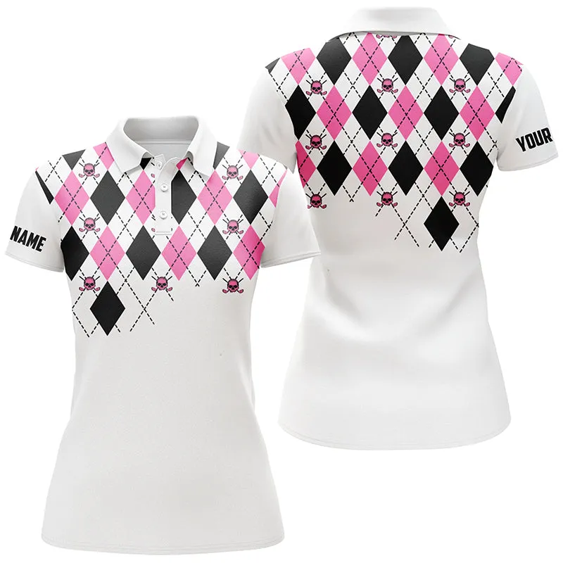 Women Sleeveless Polo Shirt Pink And Black Argyle Plaid Golf Skull Pattern White Ladies Golf Tops