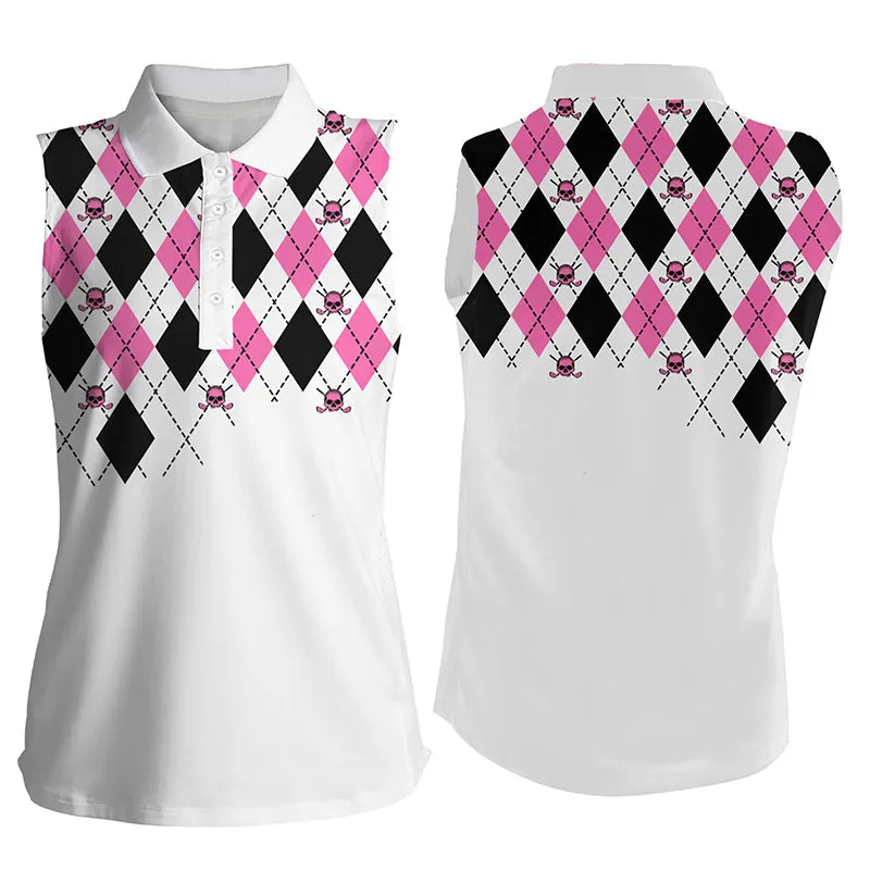 Women Sleeveless Polo Shirt Pink And Black Argyle Plaid Golf Skull Pattern White Ladies Golf Tops