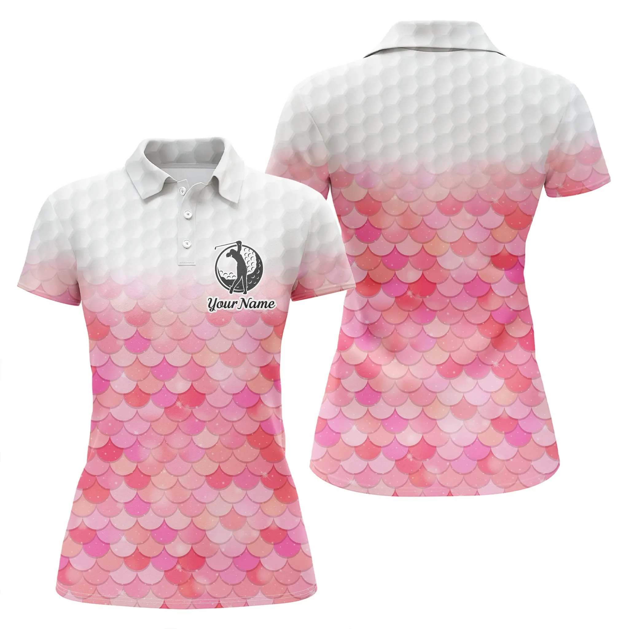 Womens Golf Polo Shirt Bling Pink Mermaid Scales Custom Name Pattern Golf Shirts, Ladies Golf Tops